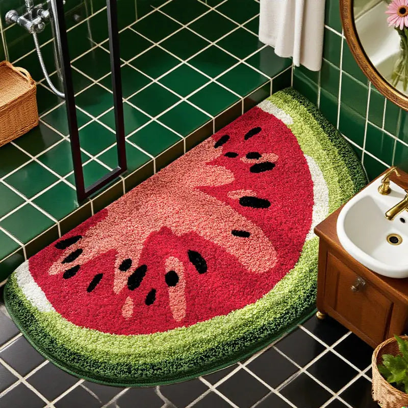 Watermelon-shaped kawaii bath mat in a bathroom setting with green tiles and a sink.