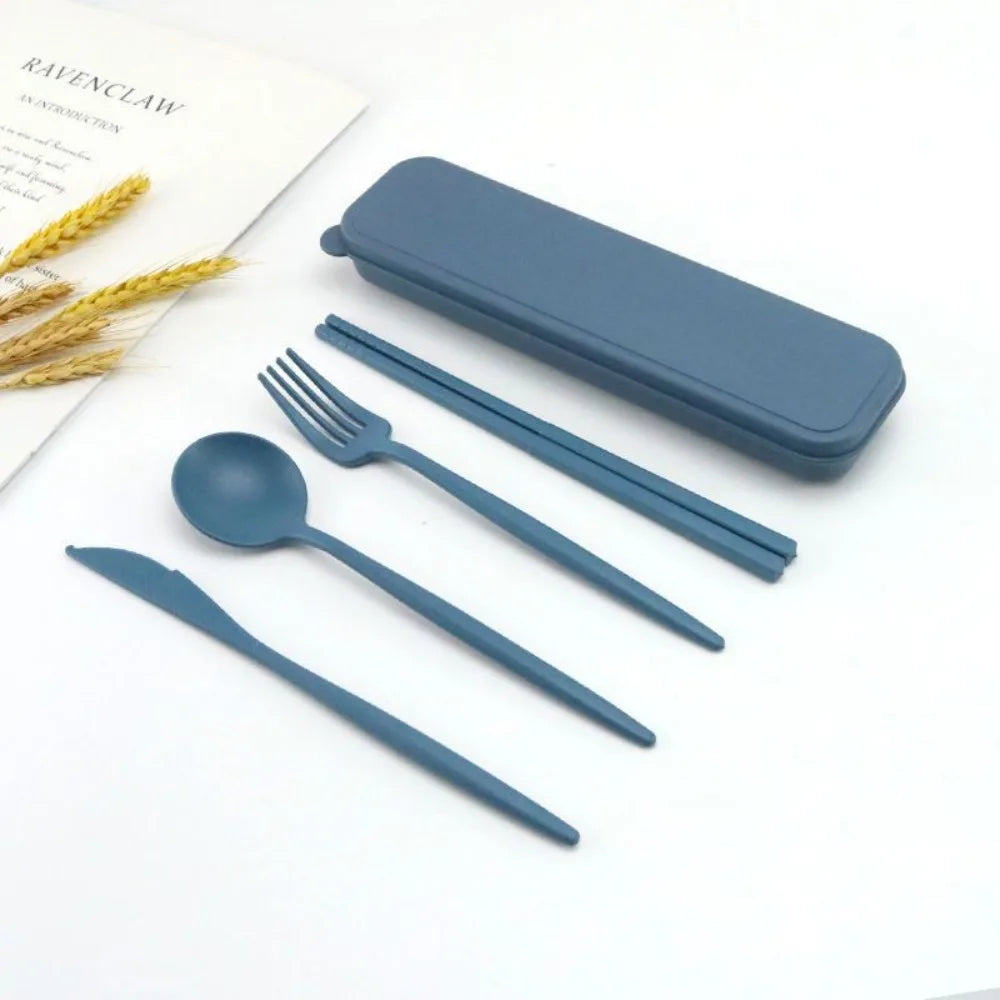 Blue kawaii utensils set with case on a white background