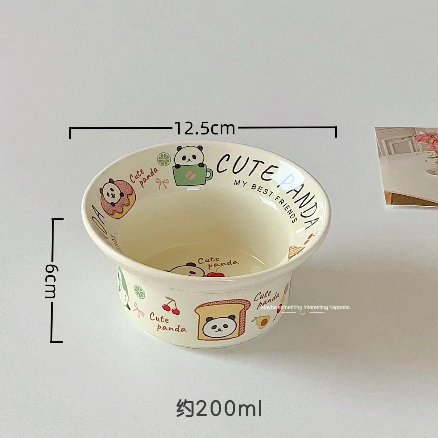 Cute panda-themed kawaii ramen bowl with measurements on a white background