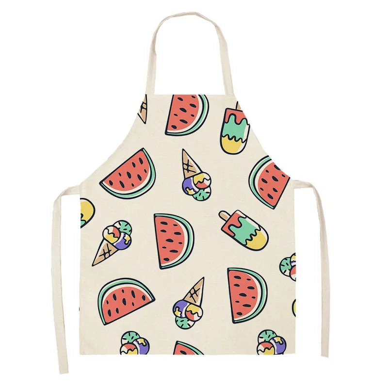 Beige kawaii apron with colorful watermelon, ice cream, and popsicle pattern on a white background