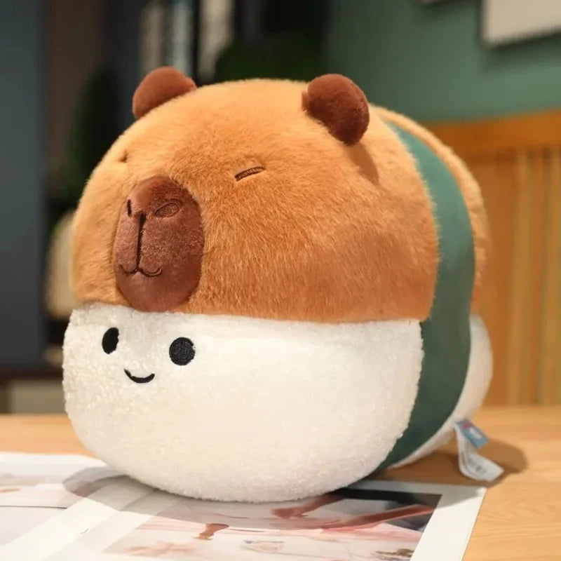 Kawaii plush toy resembling a bear with a green bandana on a wooden surface