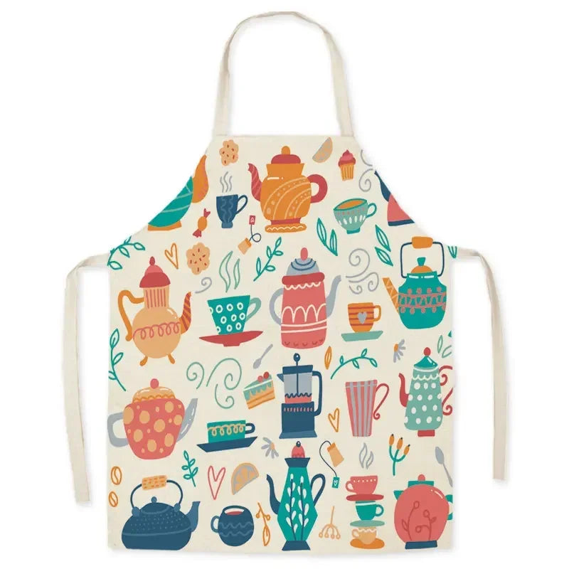 Colorful kawaii apron with tea-themed design on a white background