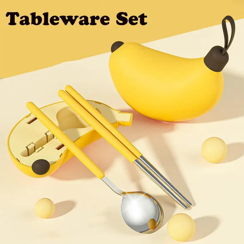 A banana shaped kawaii utensils case on a table