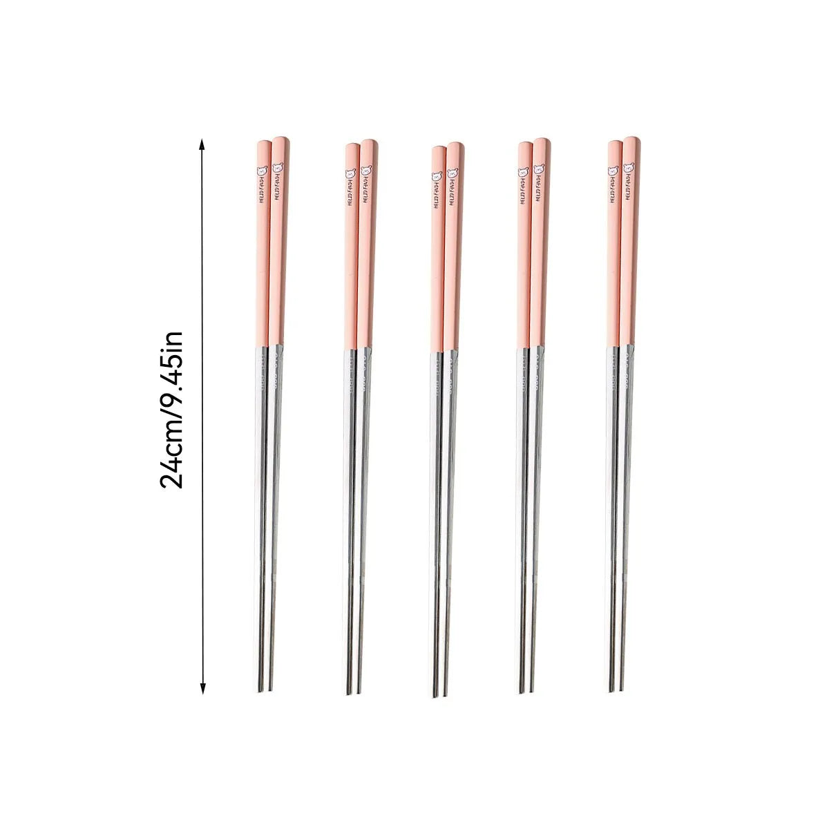 Set of six pink kawaii chopsticks with measurements on a white background