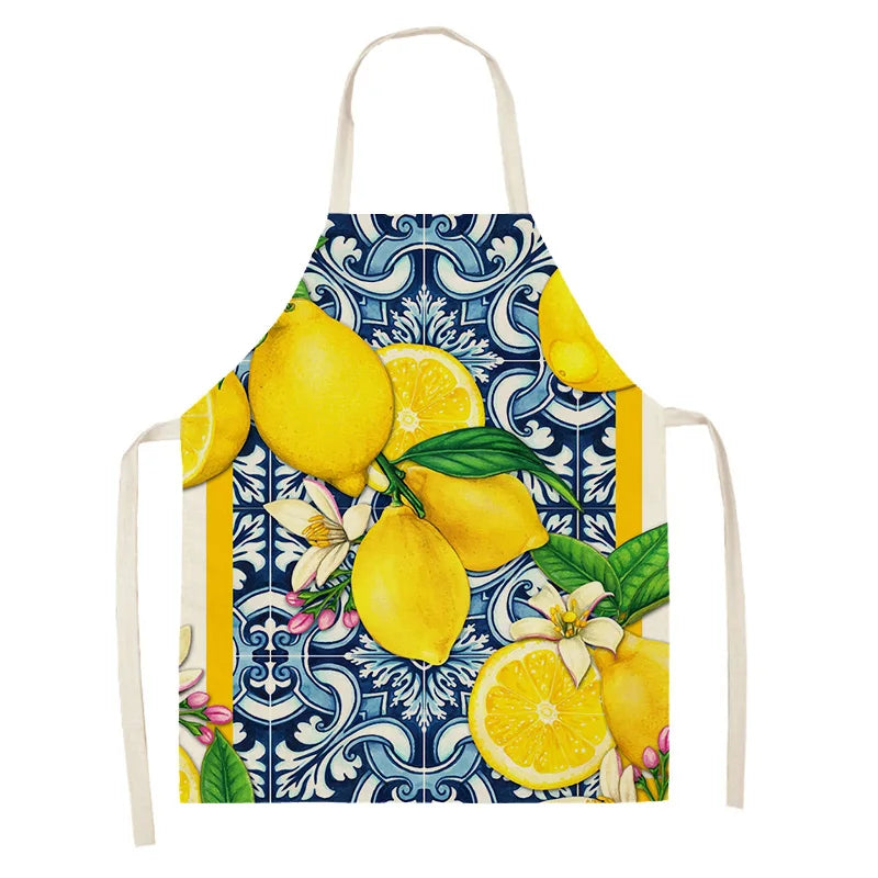 Kawaii apron with lemon and floral pattern on a blue and white background