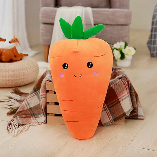 Carrot-shaped kawaii plush toy on a wooden floor with decorative items in the background