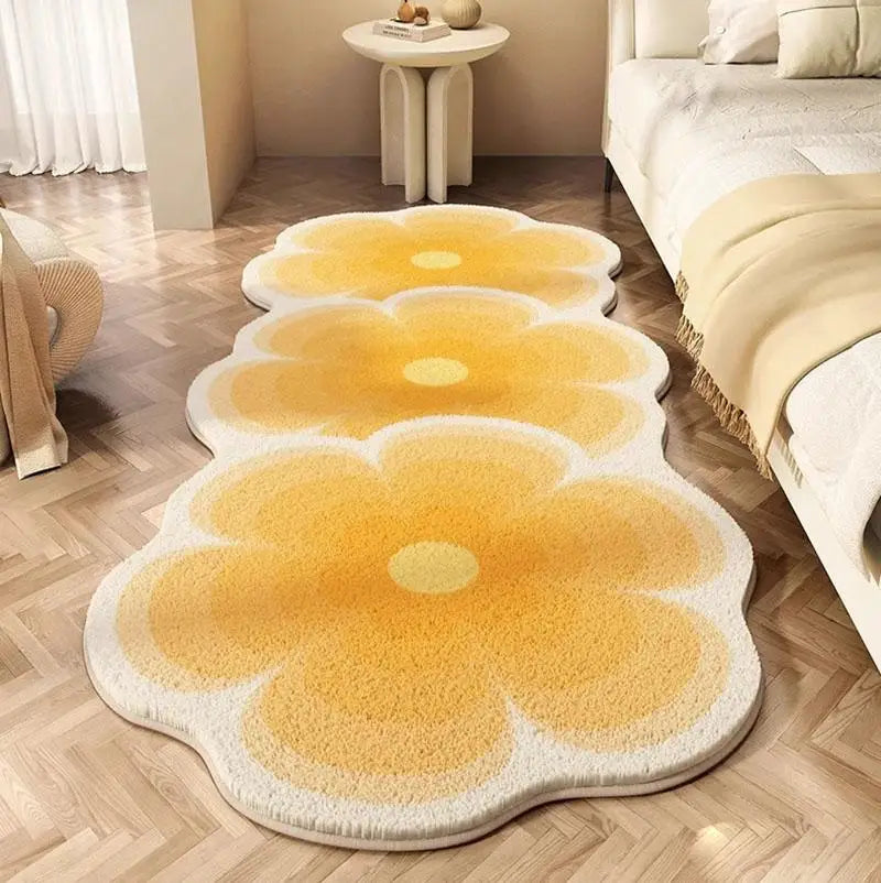 Yellow flower-shaped kawaii rug on a wooden floor in a bedroom setting