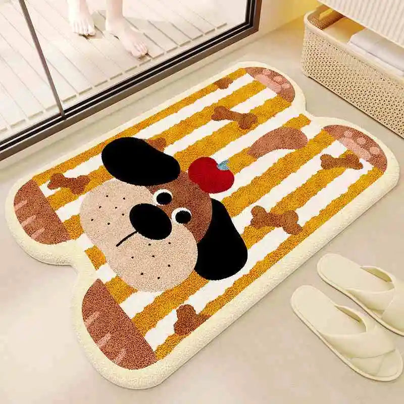 Dog-shaped kawaii doormat with cartoon design on a floor