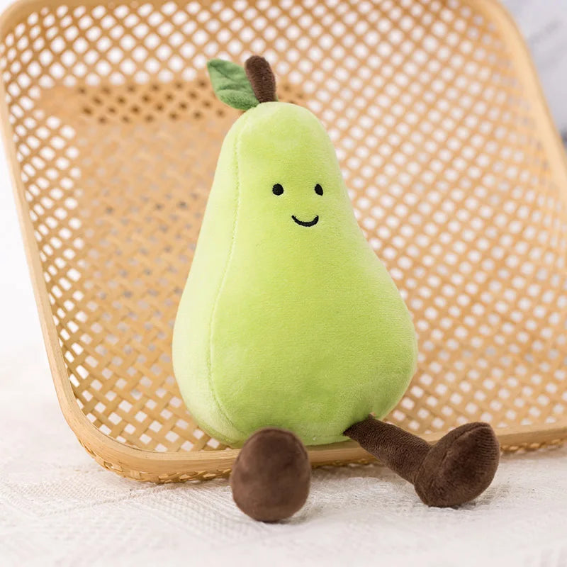 Plush kawaii toy shaped like a green pear with a smiling face on a woven chair.