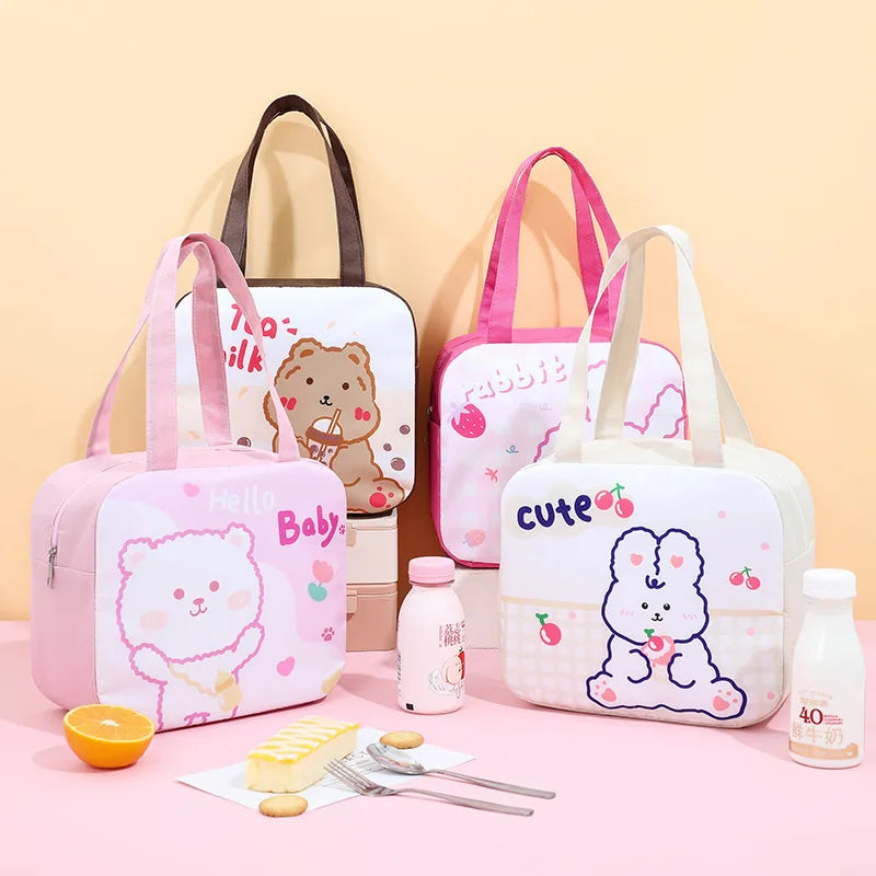 Set of cartoon-themed kawaii bags and bottles on a pink surface with a yellow background
