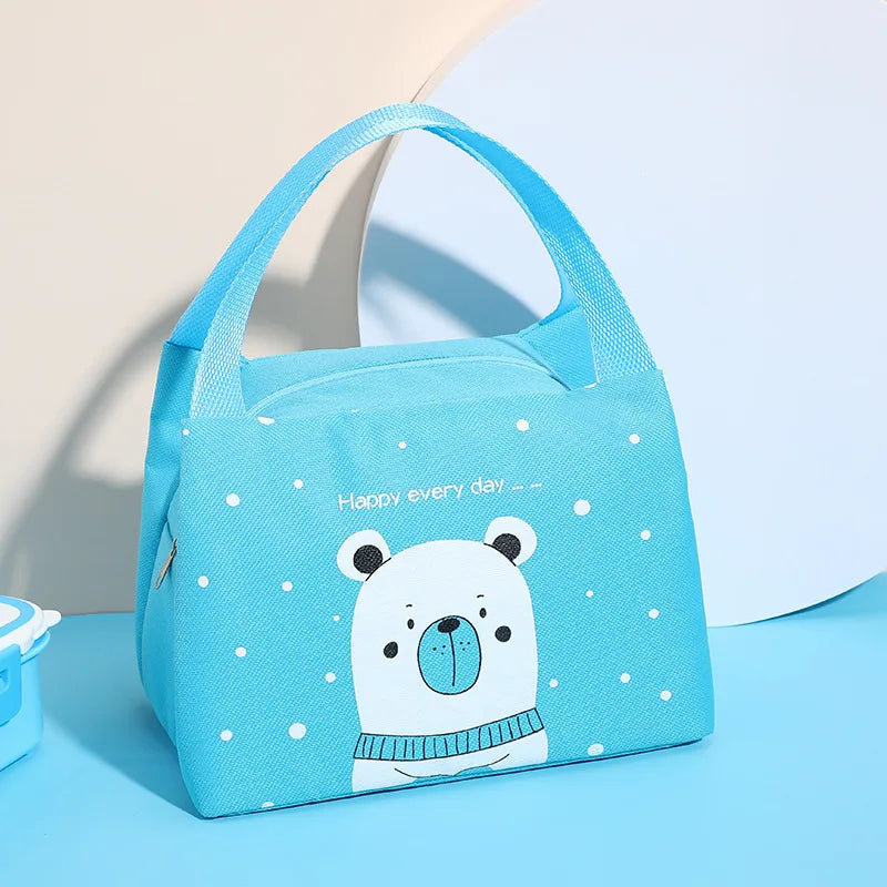 Blue kawaii tote bag with a bear design and 'Happy every day' text on a blue background