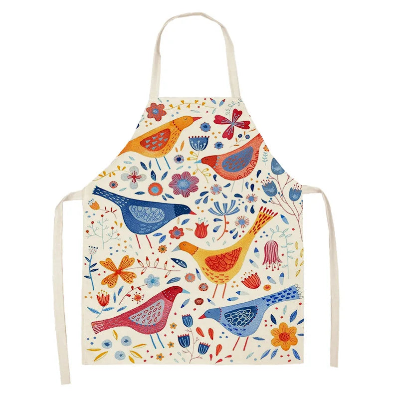Colorful kawaii apron with bird and floral pattern on a white background