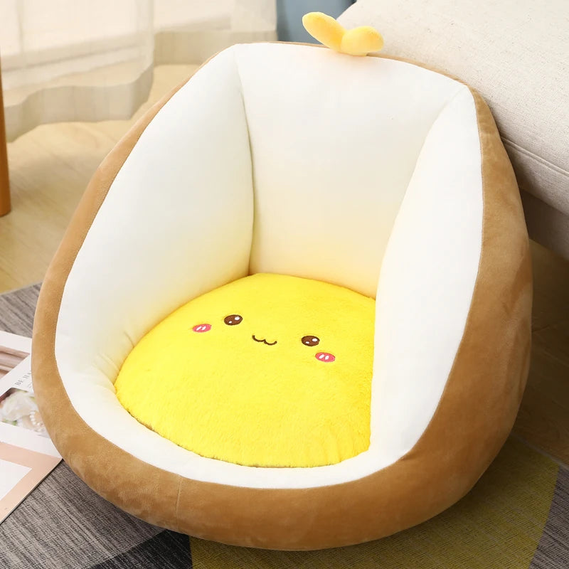 Kawaii plush toy shaped like a cartoon character with a smiling face on a soft surface.