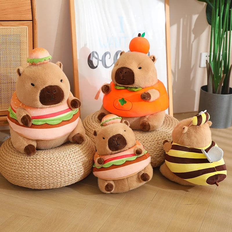 Four kawaii plush toys resembling bears in different costumes on a wooden floor.