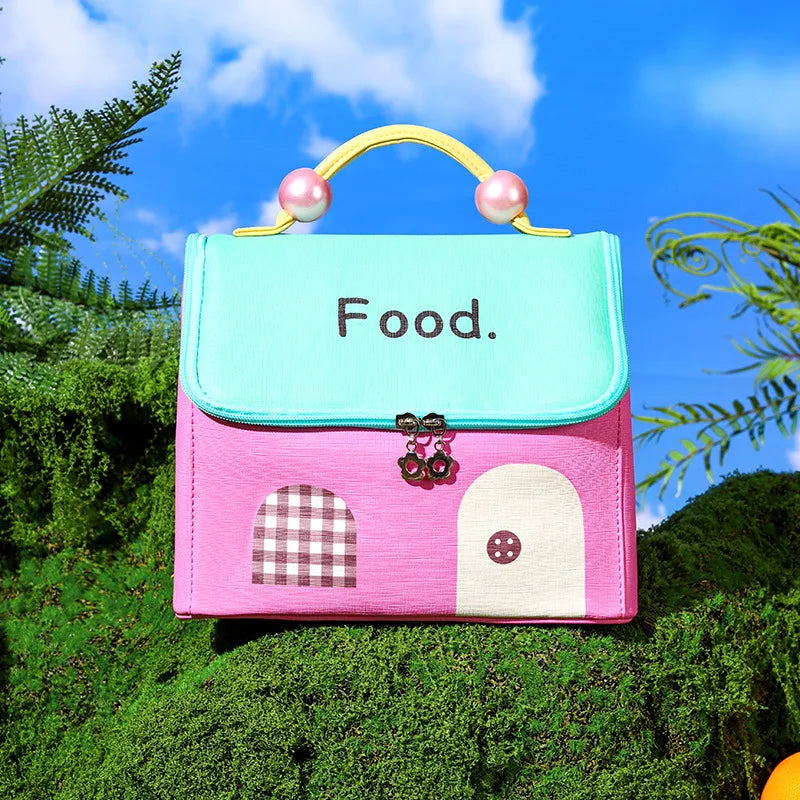 Colorful kawaii bag with 'Food.' text on a grassy background