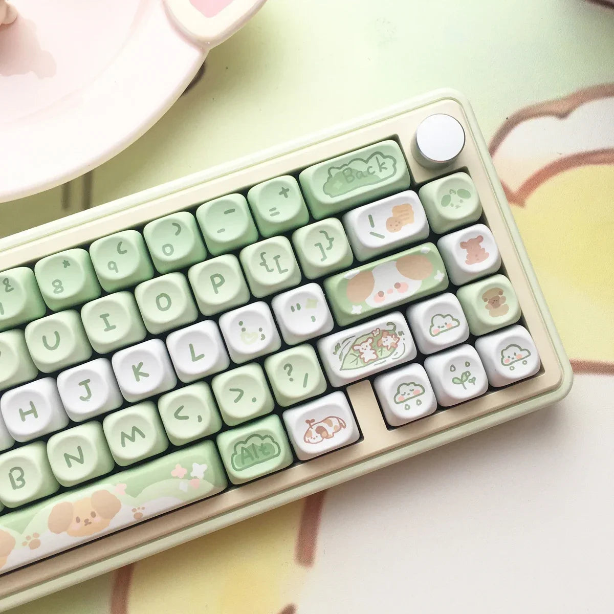 Keyboard with cute, Kawaii cartoon-style keys on a light background