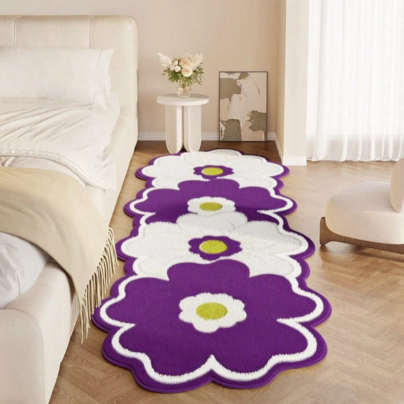 Floral patterned kawaii rug on a wooden floor in a living room setting