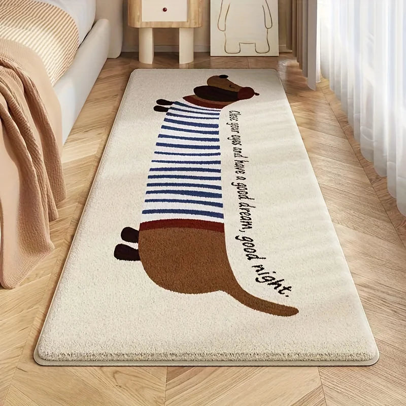 Decorative kawaii rug with cartoon dog design on a wooden floor