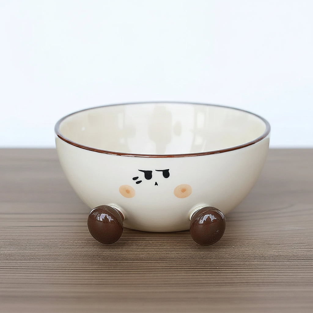Ceramic kawaii ramen bowl with wheels and measurements on a wooden surface