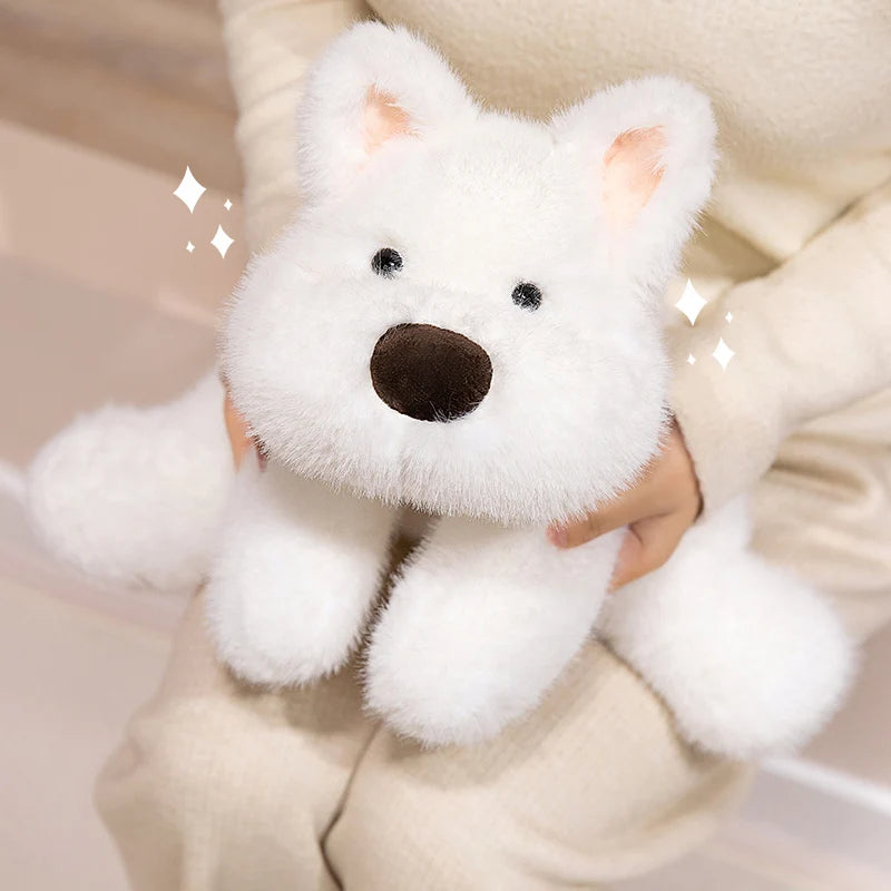 White kawaii plush toy resembling a bear held by a person with a soft beige background