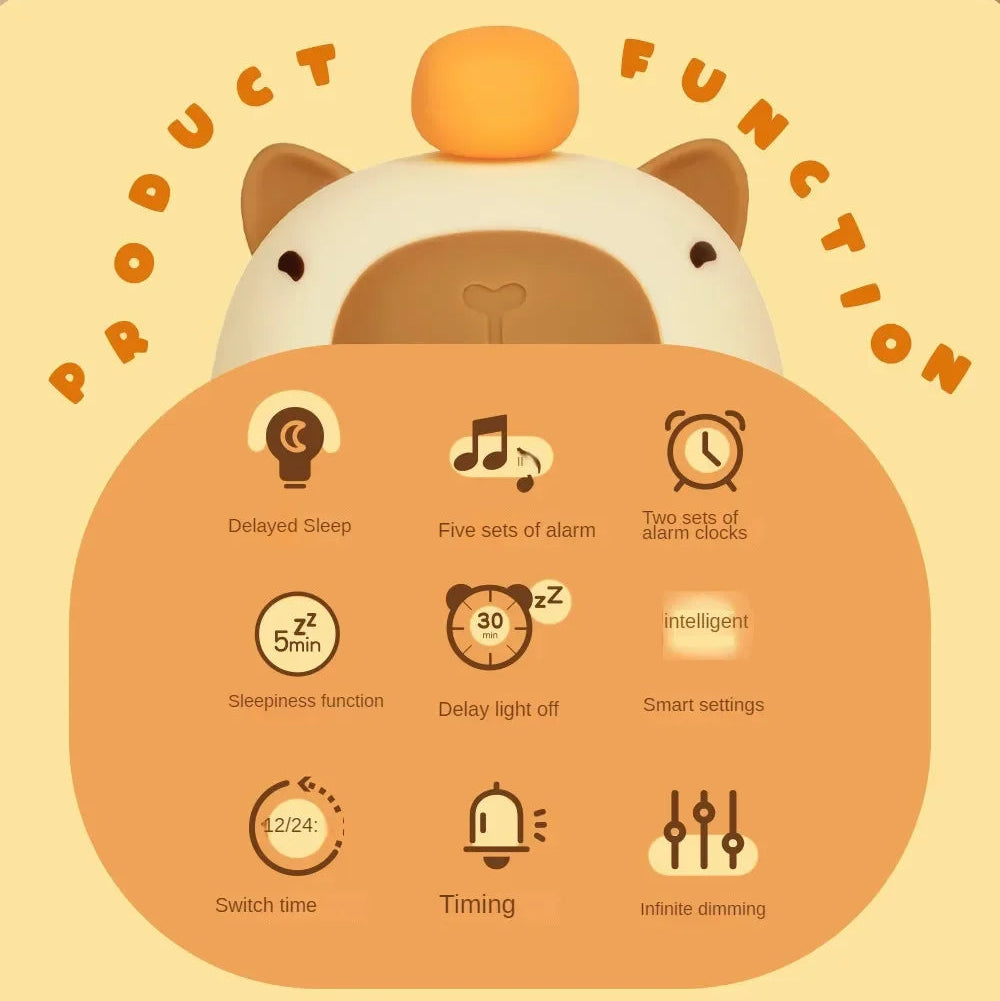 Product function display with cartoon kawaii alarm clock design on a beige background