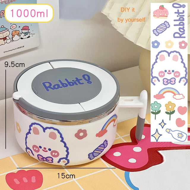 Children's kawaii ramen bowl with cartoon design and measurement details on a colorful background