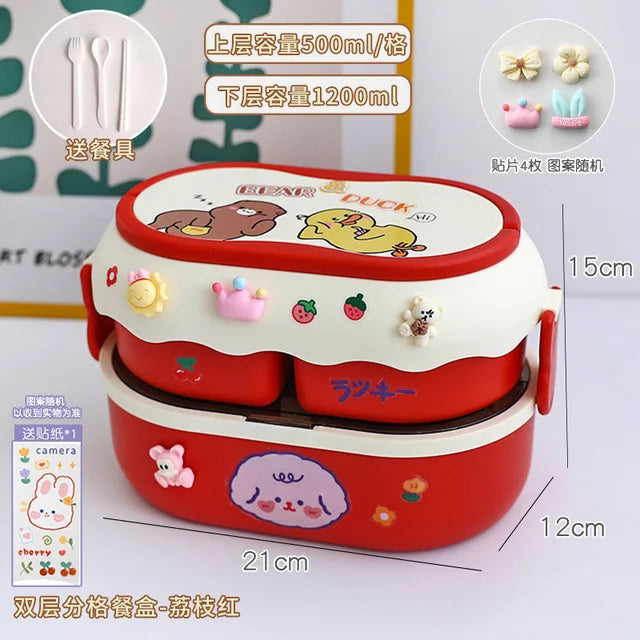 Double-layered cartoon kawaii lunch box with measurements and features on a white background