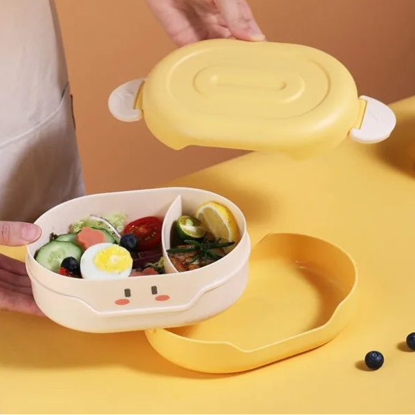 Person holding a kawaii bento box with food against a yellow background
