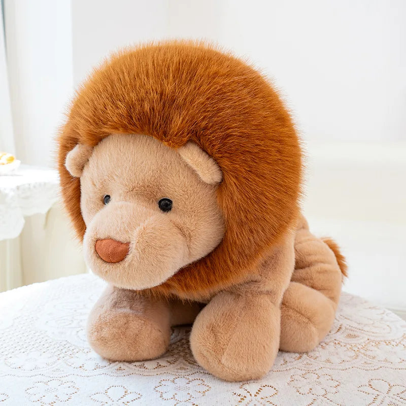 Kawaii plush lion toy on a white lace surface
