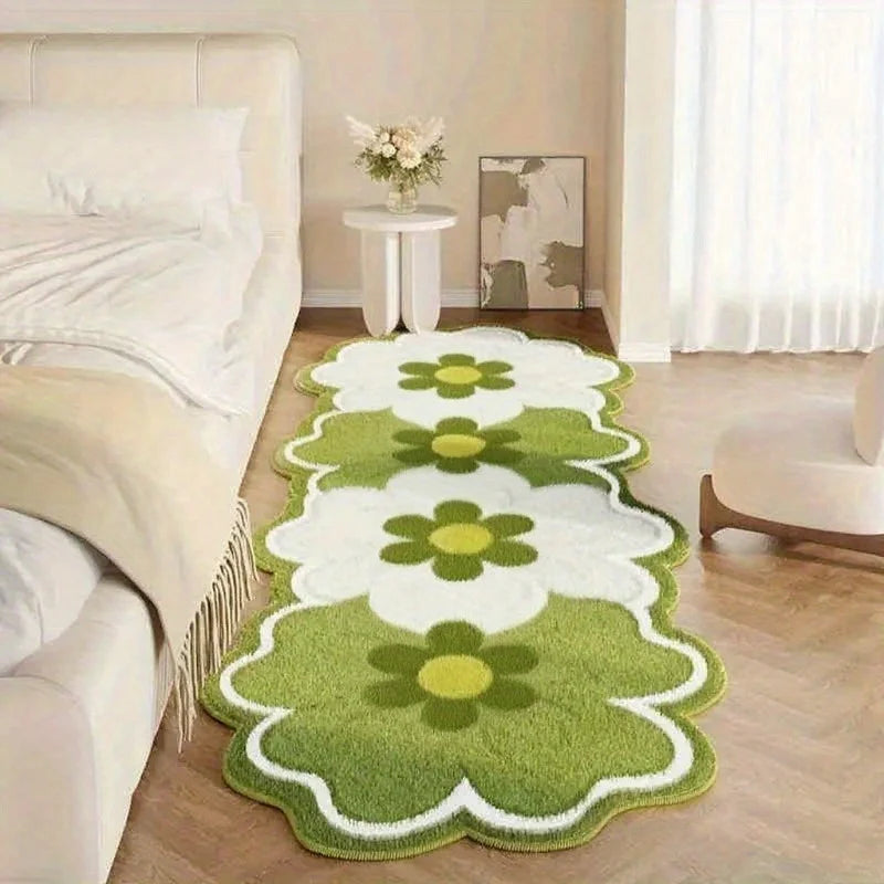 Green floral patterned kawaii rug on a wooden floor in a bedroom setting.