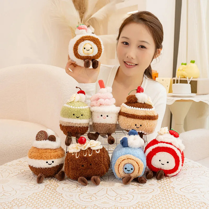 Woman holding a collection of cute kawaii plush toys shaped like desserts on a light-colored surface.