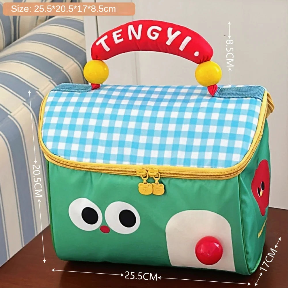 Children's kawaii bag with cartoon design and dimensions labeled