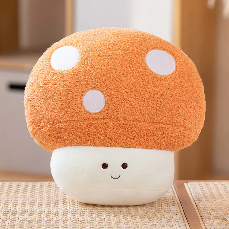 Cute kawaii plush mushroom toy with a smiling face on a wooden surface.