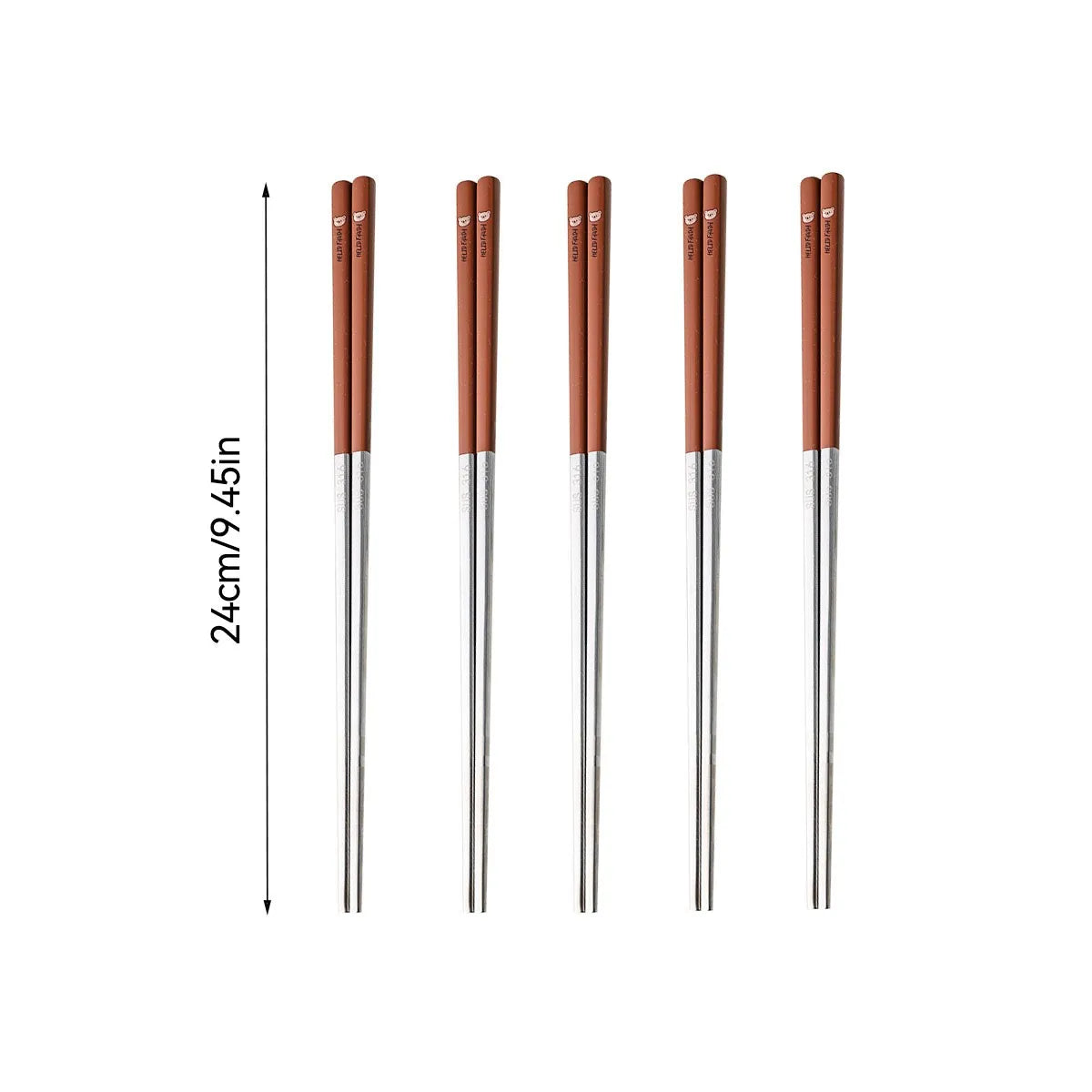 Set of six pairs of kawaii chopsticks with brown handles and silver tips, shown with a measurement label on a white background.