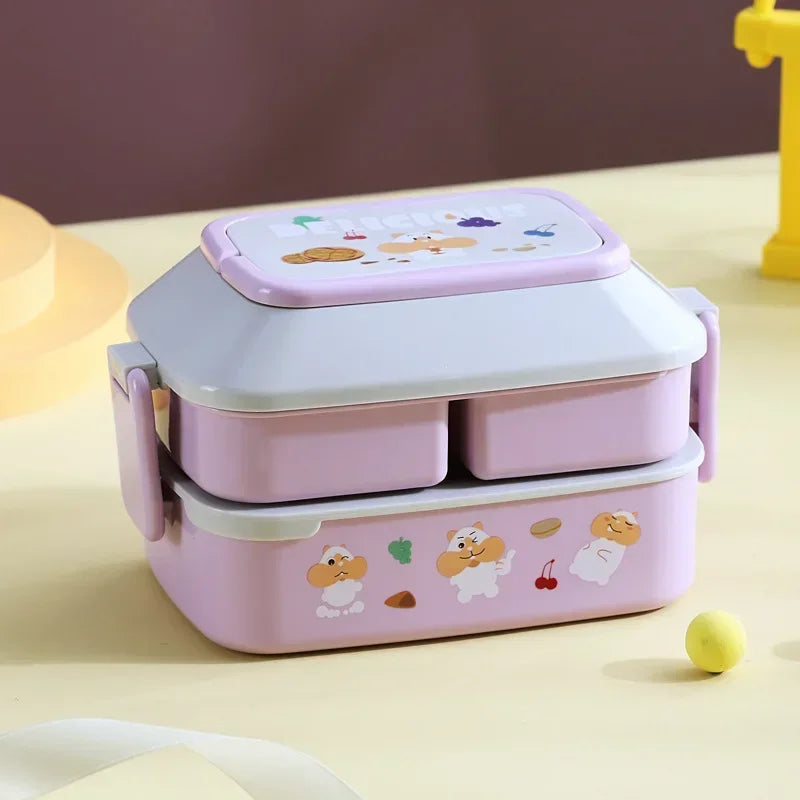 Pink kawaii bento box with cartoon designs on a yellow surface