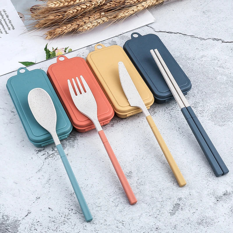 Set of colorful kawaii utensils with covers on a textured surface