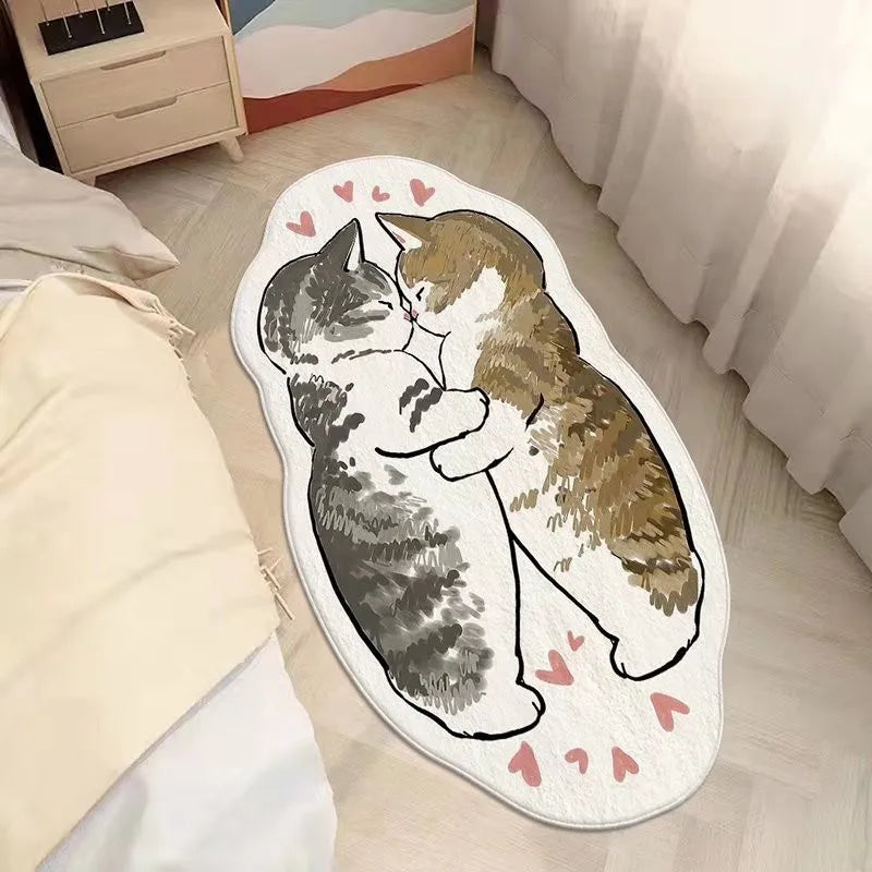 Cute cat-shaped rug with two cats embracing on a light-colored floor.