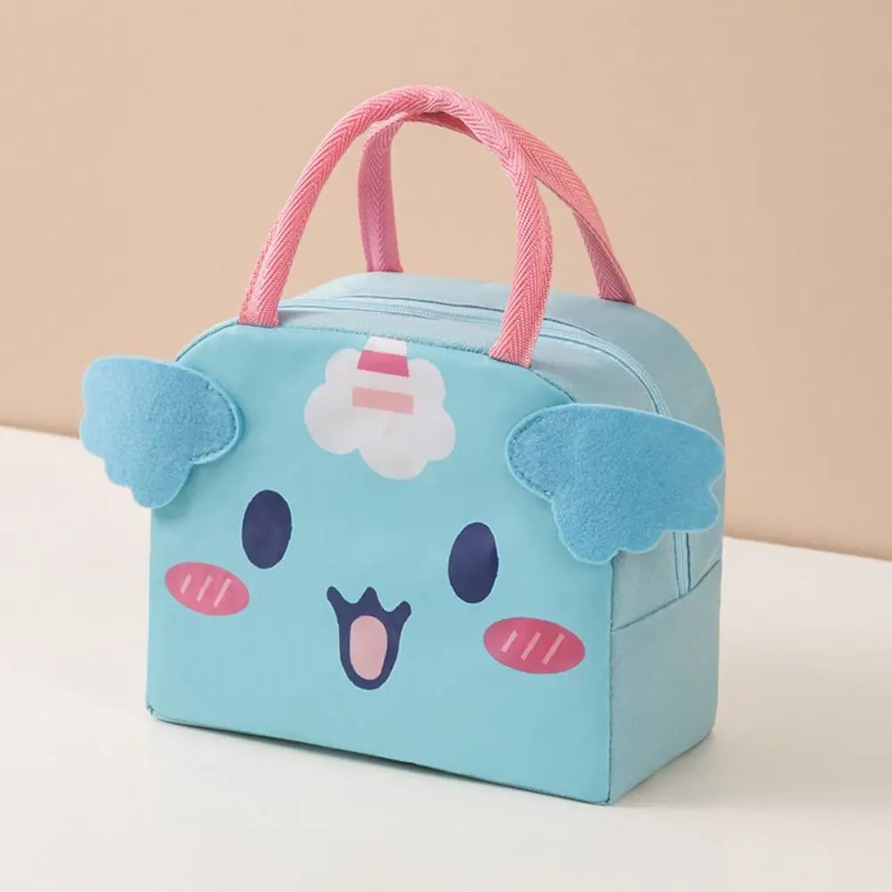 Cute blue kawaii bag with pink handle and cloud design on a beige background