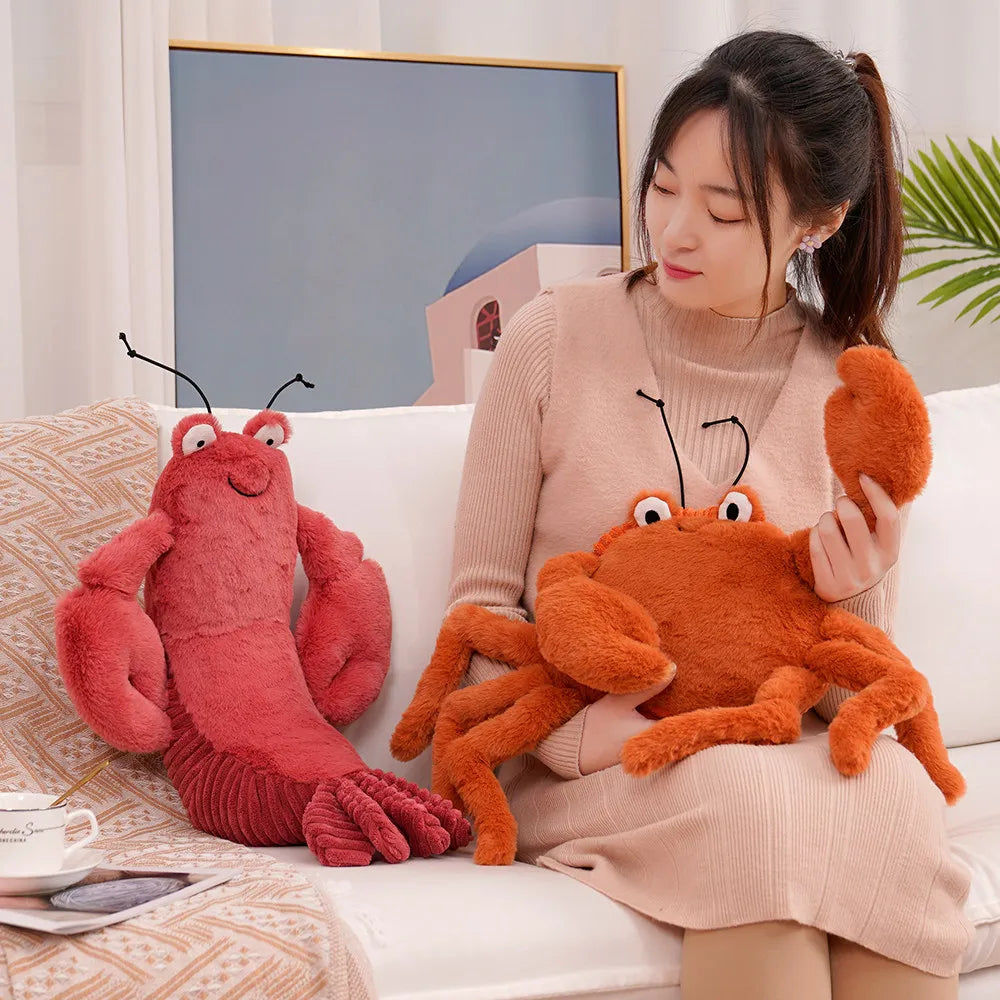 Woman holding a kawaii plush crab toy on a couch with another plush toy beside her.