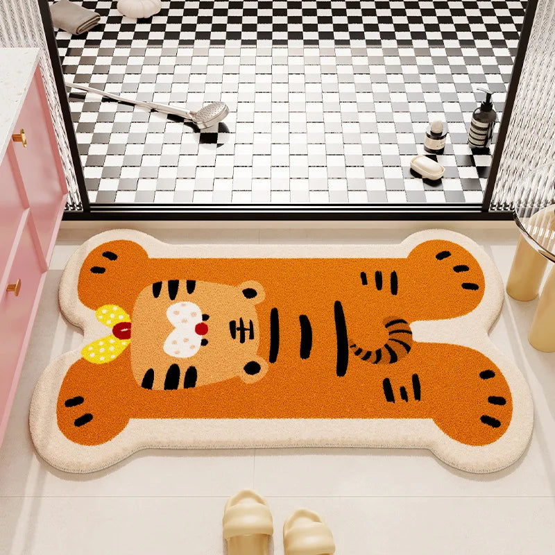 Tiger-shaped kawaii bath mat on a checkered bathroom floor
