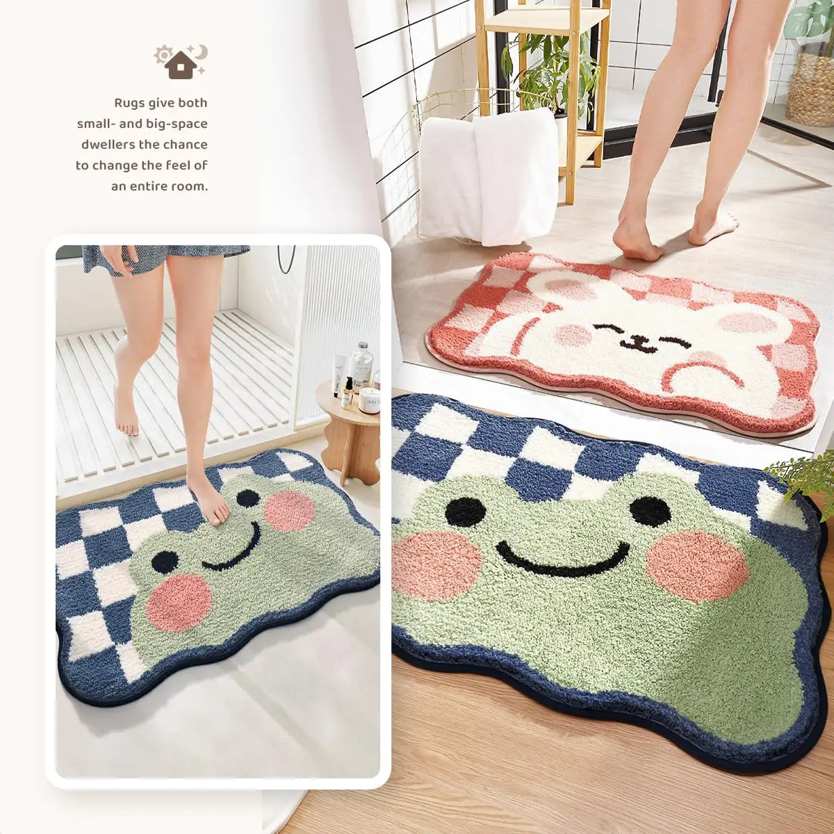 Two Kawaii cartoon-themed bath mats with smiling faces on a wooden floor.