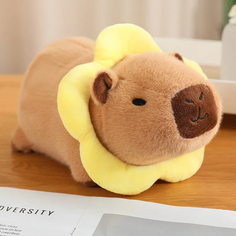 Kawaii plush toy lion head on a wooden surface with a blurred background