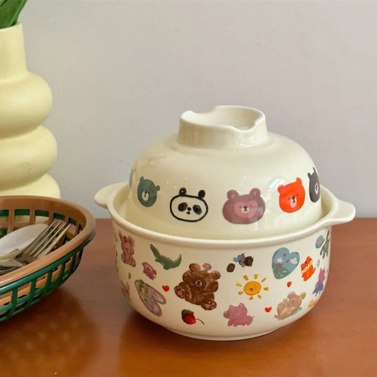 A kawaii bowl with cute cartoons designed on it