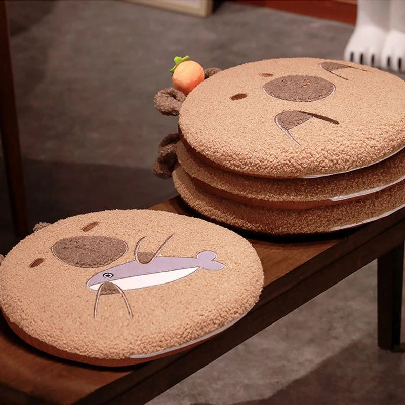 Set of round, brown coasters with cartoon animal kawaii designs on a wooden surface.